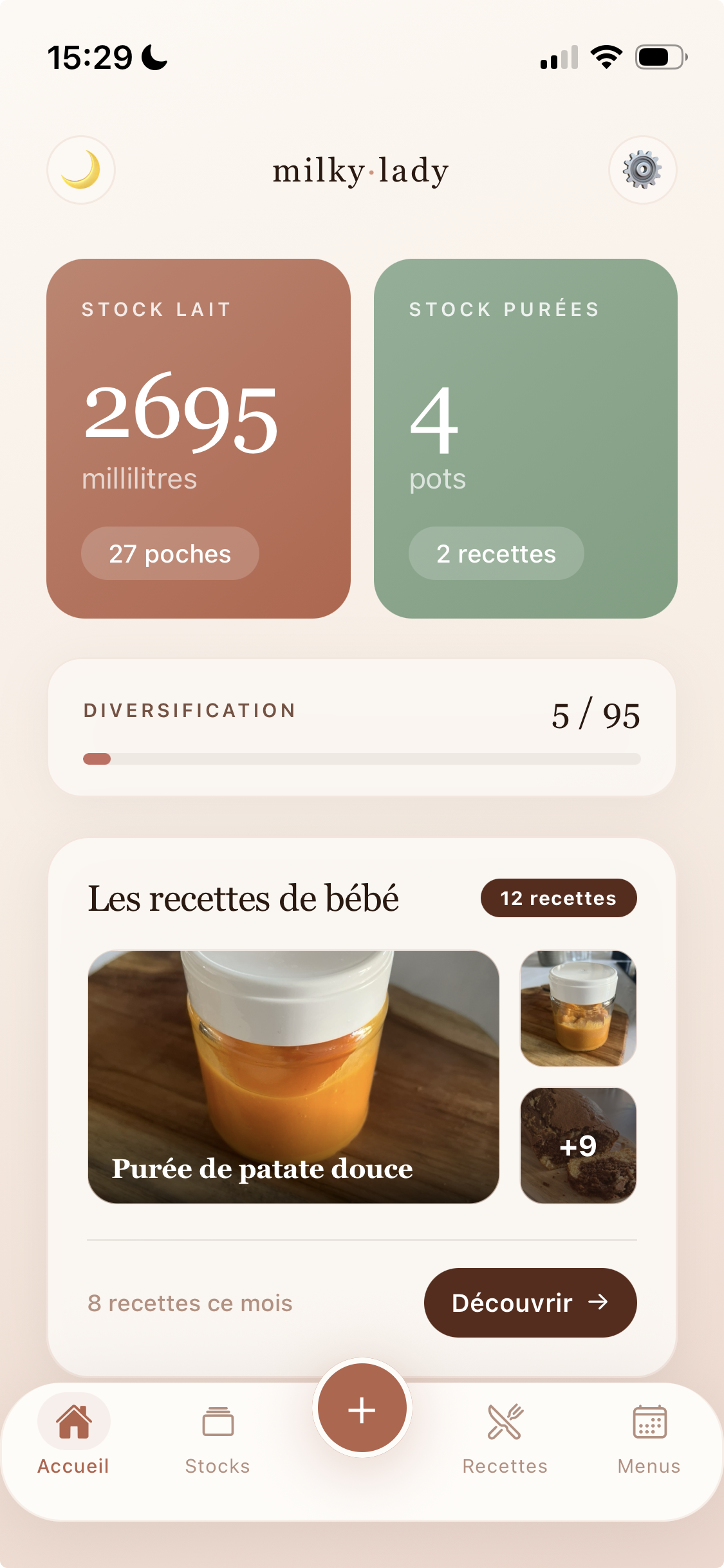 Aperçu de l'application Milky Lady : stock de lait, stock de purées, suivi de la diversification et recettes pour bébé